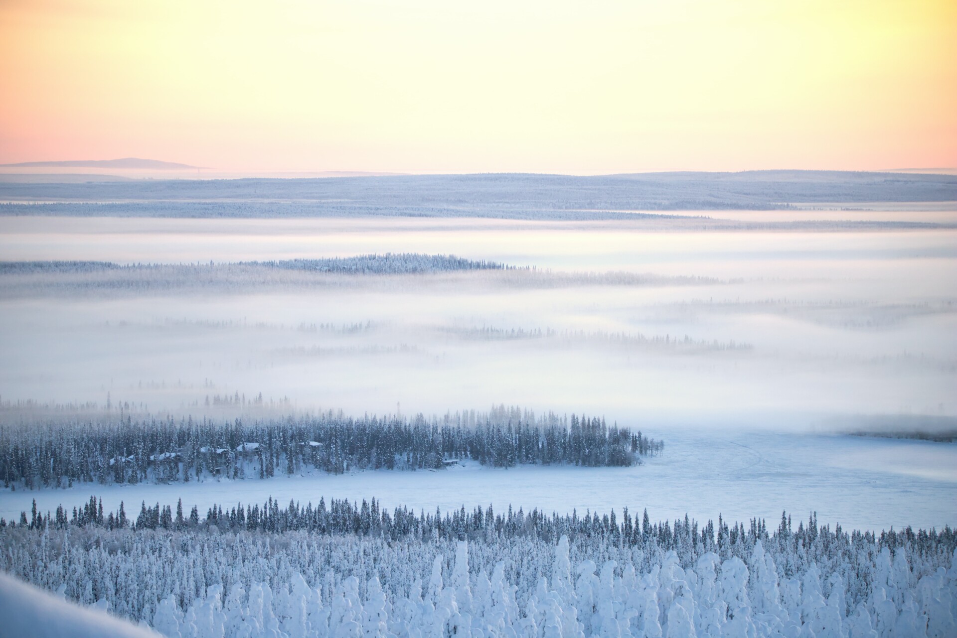 Utuinen metsämaisema ilmasta kuvattuna, jossa aamuaurinko valaisee hiljaista luontoa.